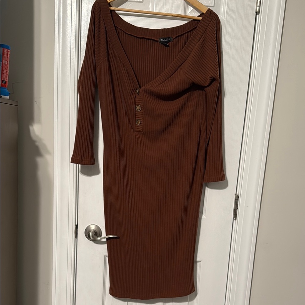 Rogue Brown Cowl Neck Long Sleeve Sheath Dress